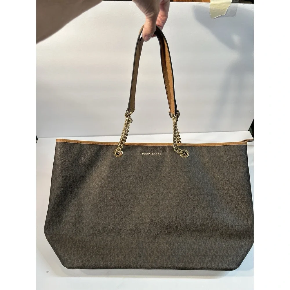 Michael Kors Jet Set Travel Large Chain Shoulder Tote Signature MK Bag - Picture 3 of 11